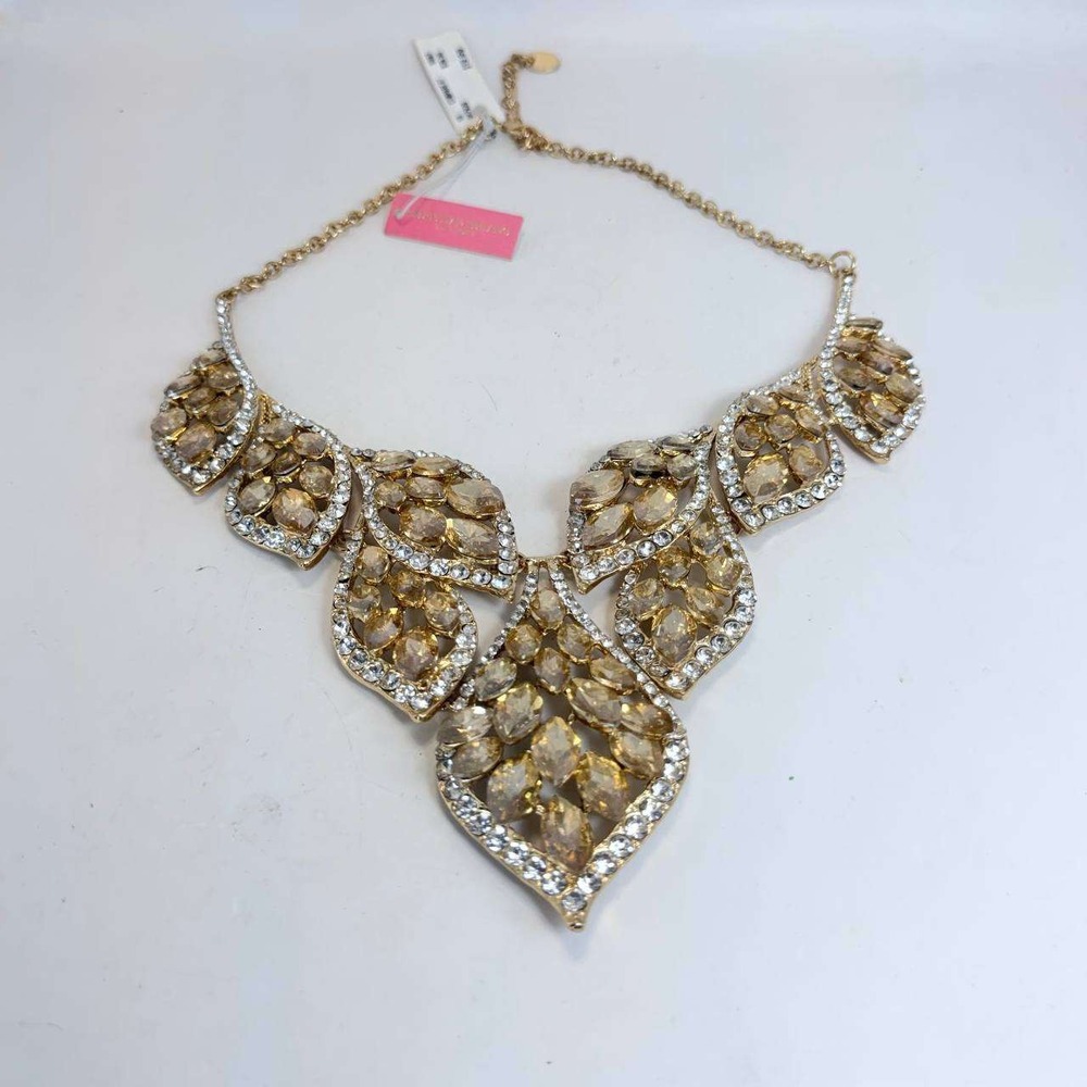 Christian Siriano New York Gold Tone Champagne Crystal Leaf Statement Necklace
